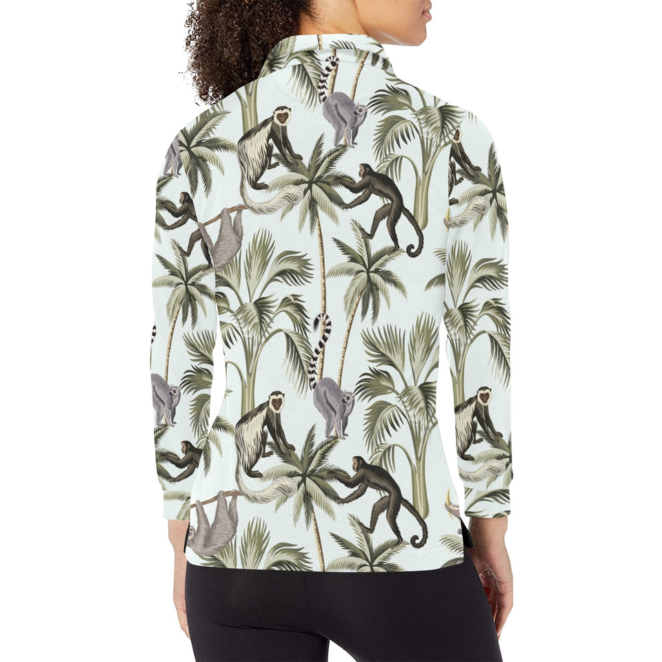 Monkey sloth lemur palm trees pattern Women's Long Sleeve Polo Shirt