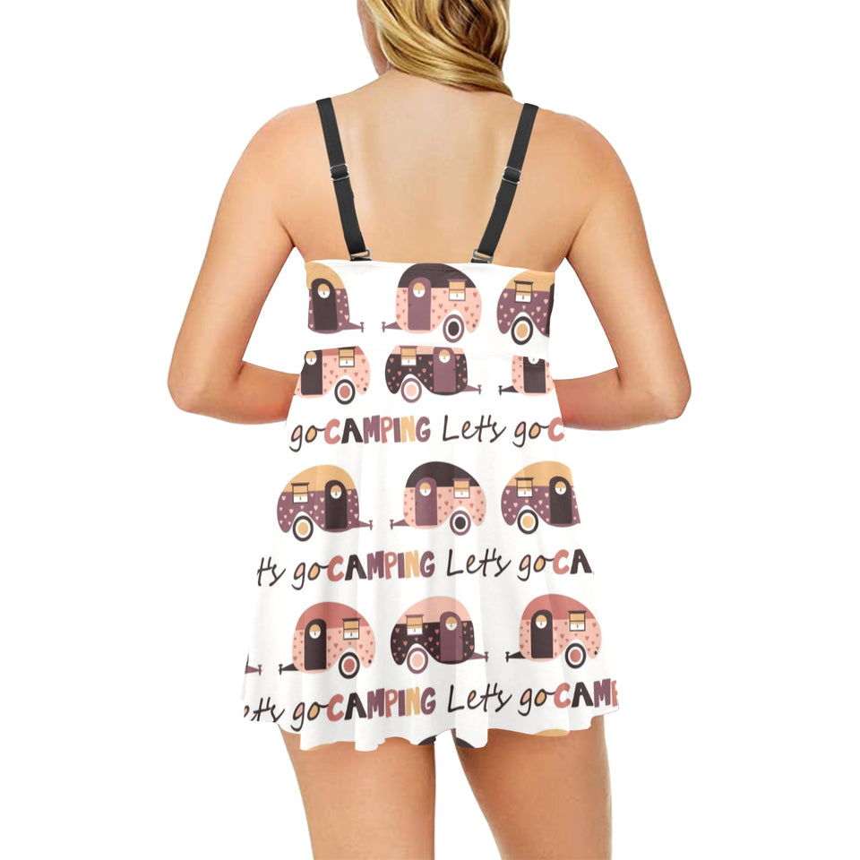 Camper Van Pattern Print Design 01 Chest Sexy Pleated Two Piece Swim Dress