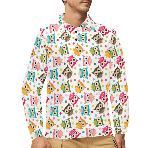 Color cute owl pattern Men's Long Sleeve Polo Shirt