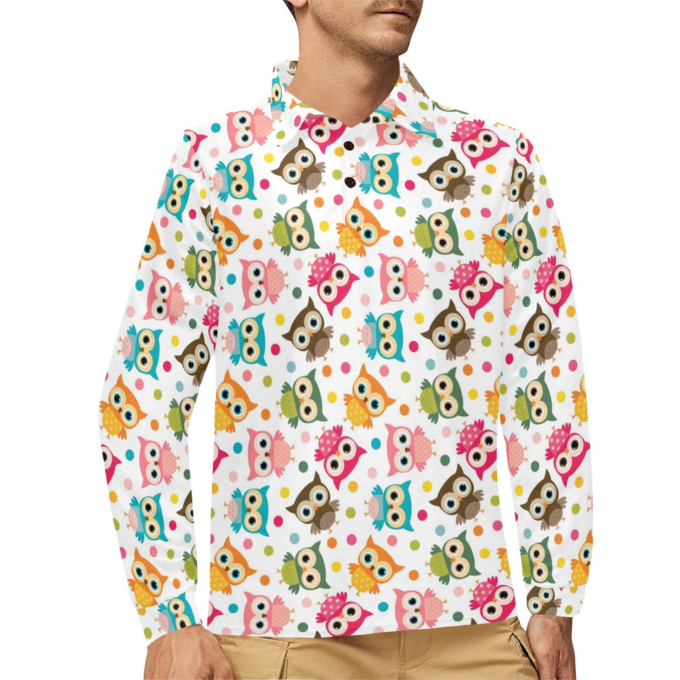 Color cute owl pattern Men's Long Sleeve Polo Shirt