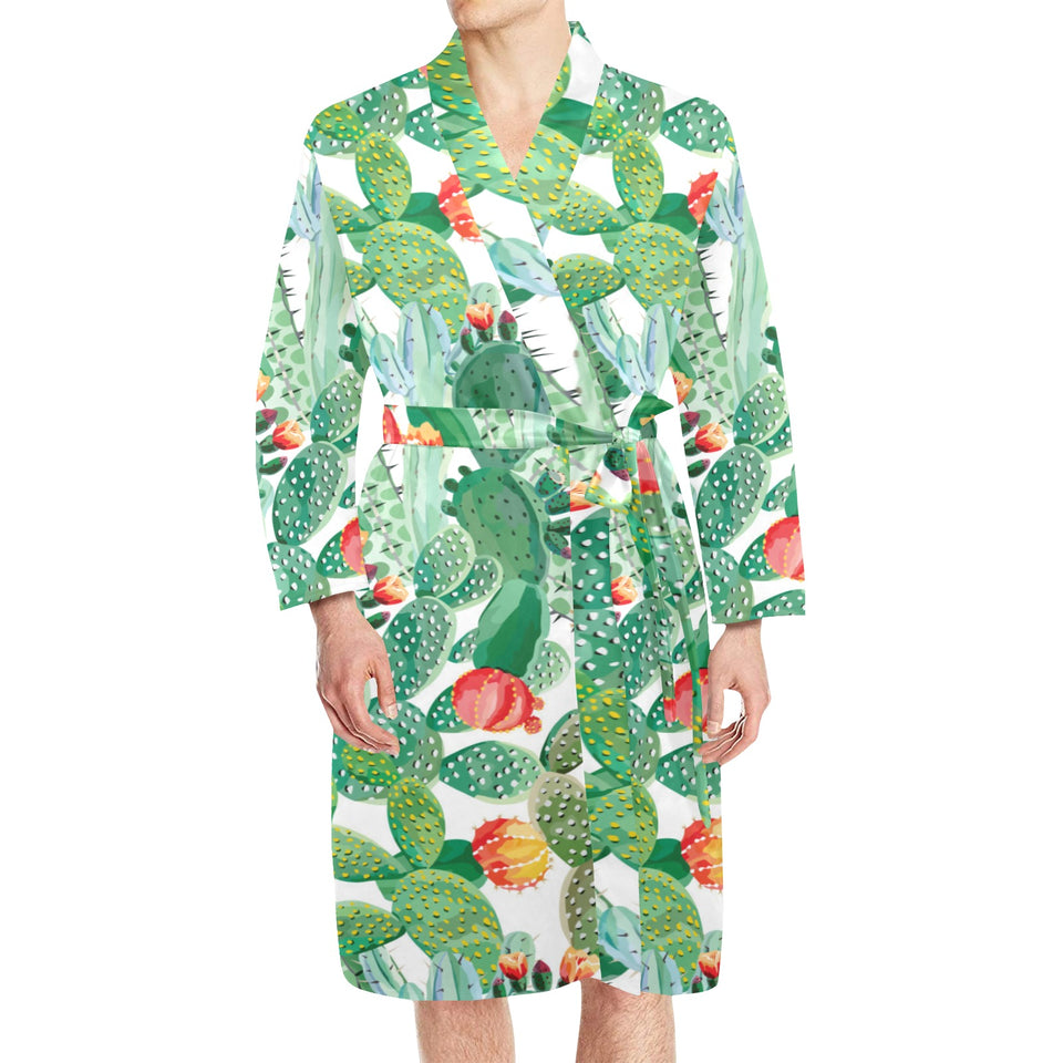 Cactus design pattern copy Men's Long Sleeve Belted Night Robe