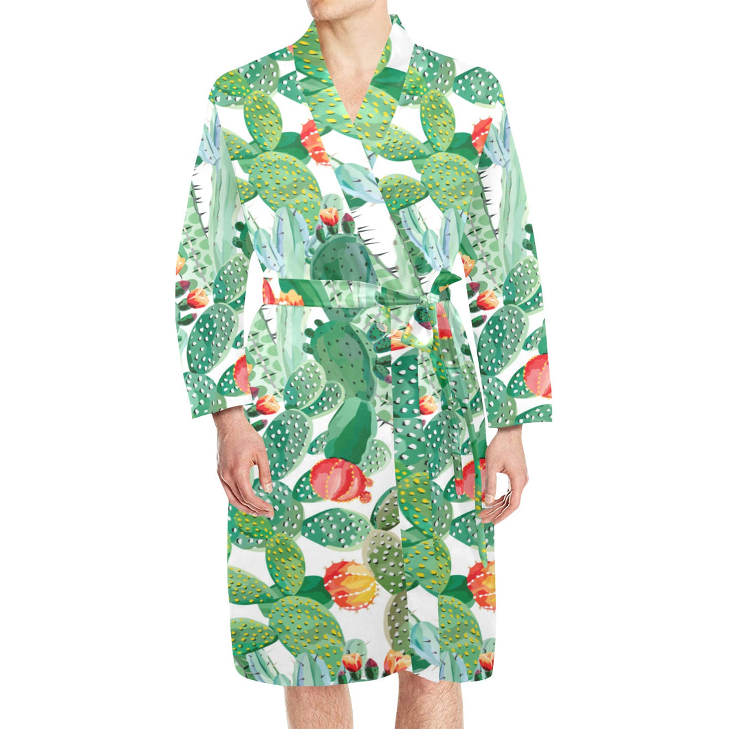 Cactus design pattern copy Men's Long Sleeve Belted Night Robe
