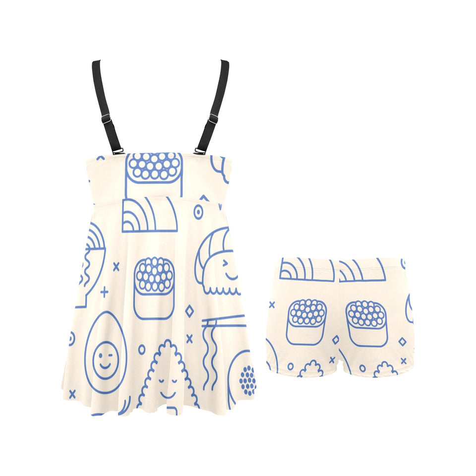 Cute sushi icon pattern Chest Sexy Pleated Two Piece Swim Dress