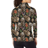 Skull rose humming bird flower pattern Women's Long Sleeve Polo Shirt