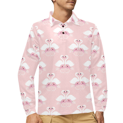 White swan and flower love pattern Men's Long Sleeve Polo Shirt