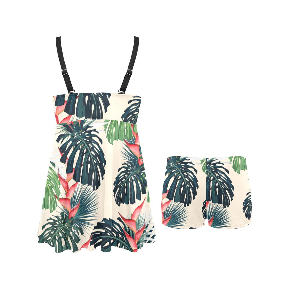 heliconia flowers, palm and monstera leaves Chest Sexy Pleated Two Piece Swim Dress