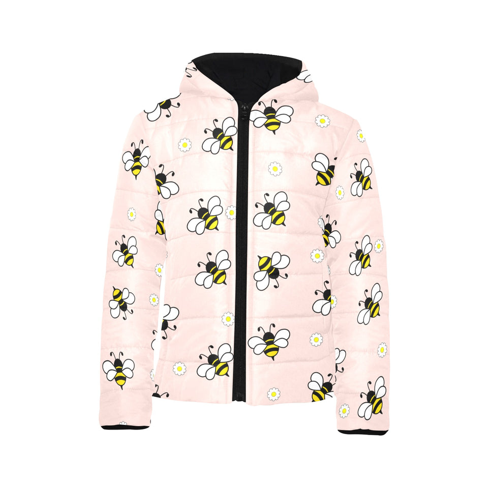 Cute bee flower pattern pink background Kids' Boys' Girls' Padded Hooded Jacket