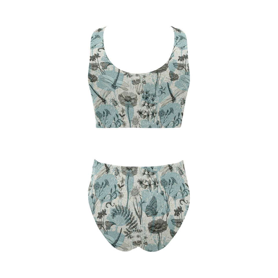 Dragonfly Butterfly Plants insect flower vintage s Chest Bowknot High Waisted Bikini Swimsuit
