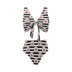Donuts pink icing striped pattern Chest Bowknot High Waisted Bikini Swimsuit