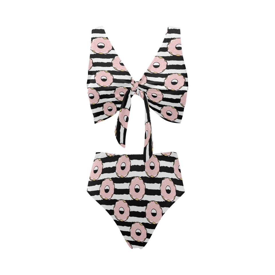 Donuts pink icing striped pattern Chest Bowknot High Waisted Bikini Swimsuit