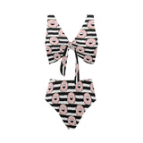 Donuts pink icing striped pattern Chest Bowknot High Waisted Bikini Swimsuit