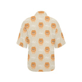 Cute brown pomeranian puppy on blue Women's All Over Print Hawaiian Shirt
