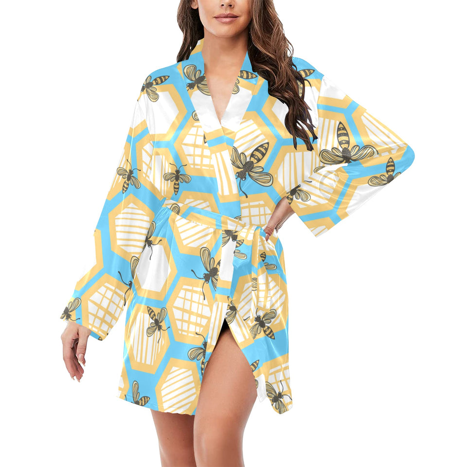Bee honeycomb pattern Women's Long Sleeve Belted Night Robe