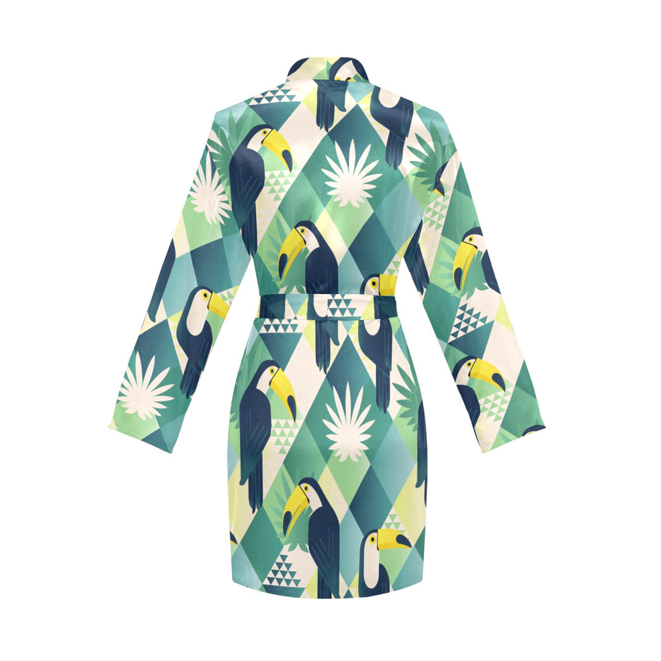 Toucan tropical leaves design pattern Women's Long Sleeve Belted Night Robe