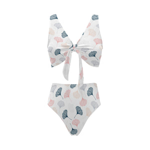 Black Gray Cream coral ginkgo leaves pattern Chest Bowknot High Waisted Bikini Swimsuit