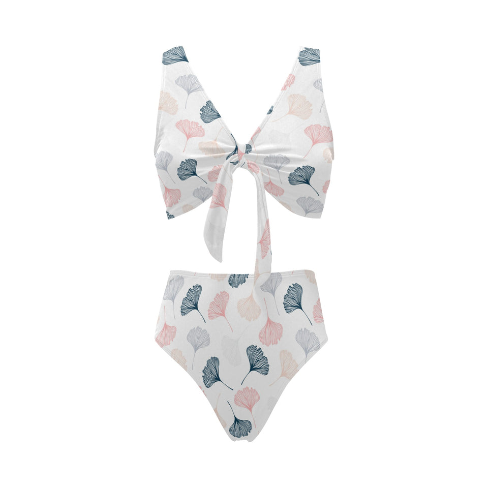 Black Gray Cream coral ginkgo leaves pattern Chest Bowknot High Waisted Bikini Swimsuit