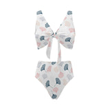 Black Gray Cream coral ginkgo leaves pattern Chest Bowknot High Waisted Bikini Swimsuit
