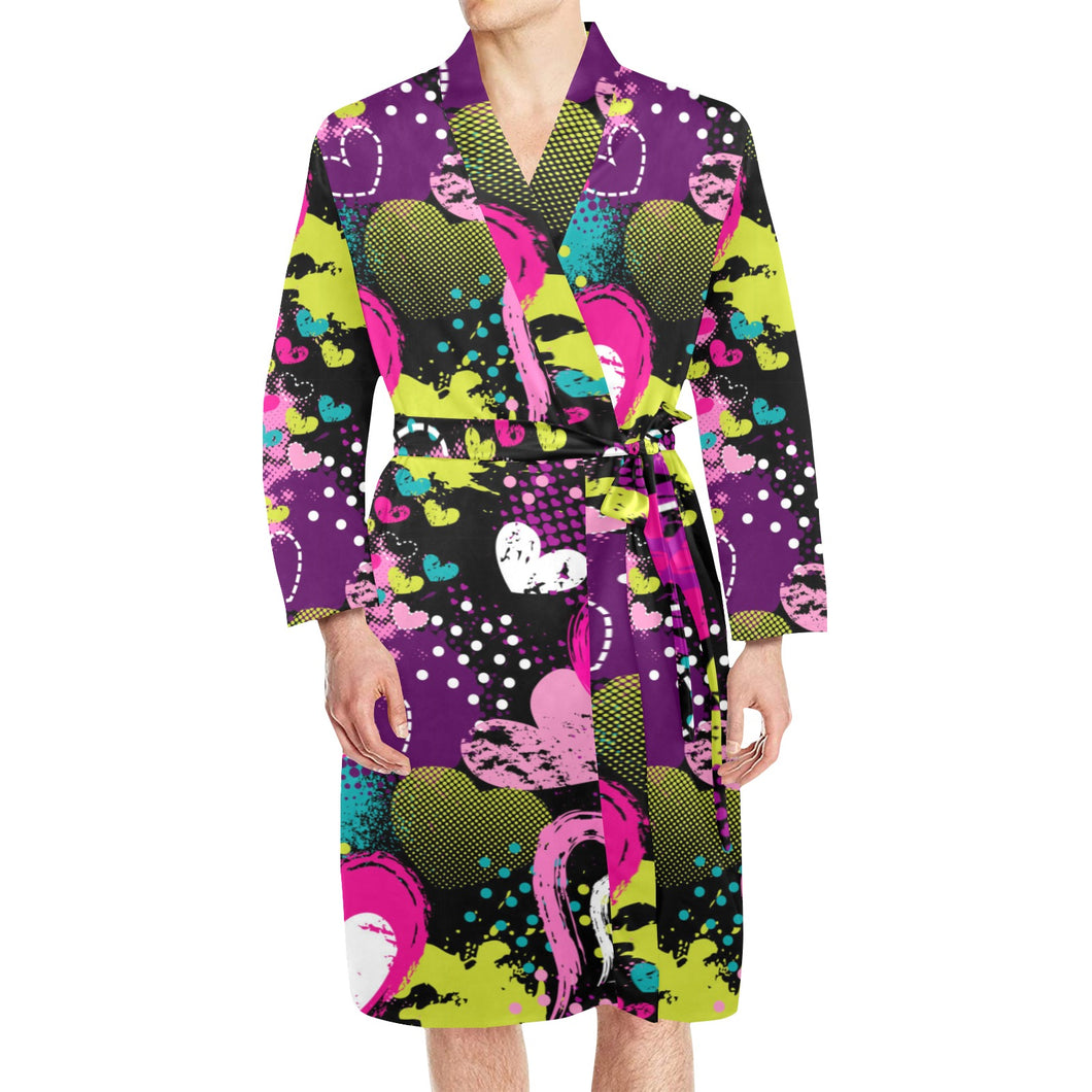 heart dot wave star creative design pattern Men's Long Sleeve Belted Night Robe