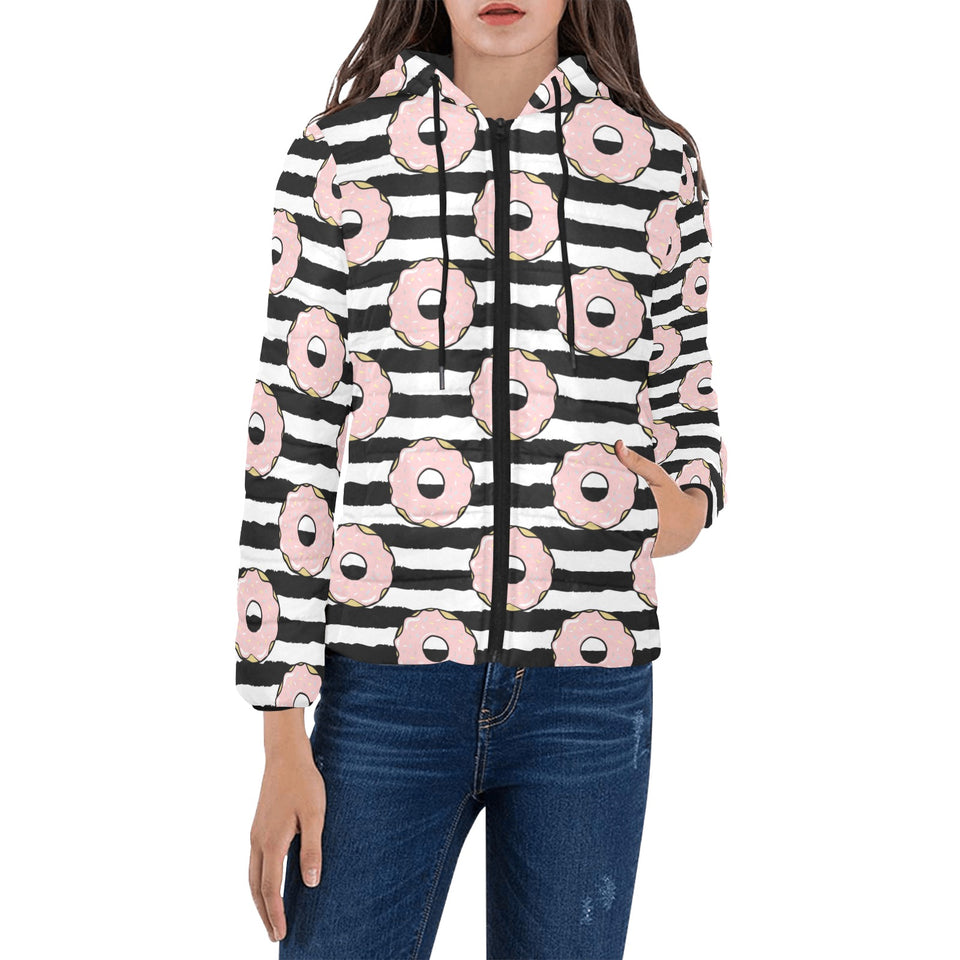 Donuts pink icing striped pattern Women's Padded Hooded Jacket