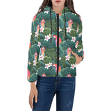 Parrot Palm tree leaves flower hibiscus pattern Women's Padded Hooded Jacket