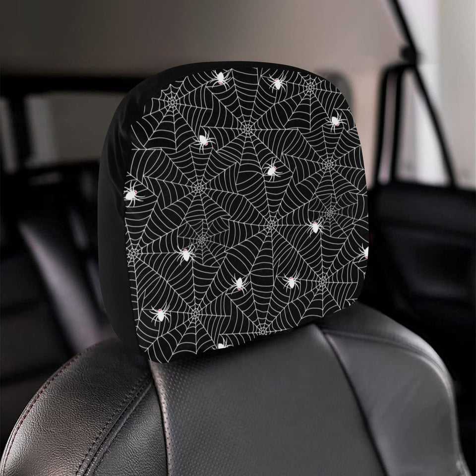 Spider web design pattern Black background white c Car Headrest Cover