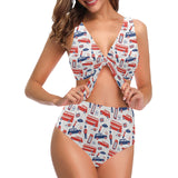 British Pattern Print Design 03 Chest Bowknot High Waisted Bikini Swimsuit