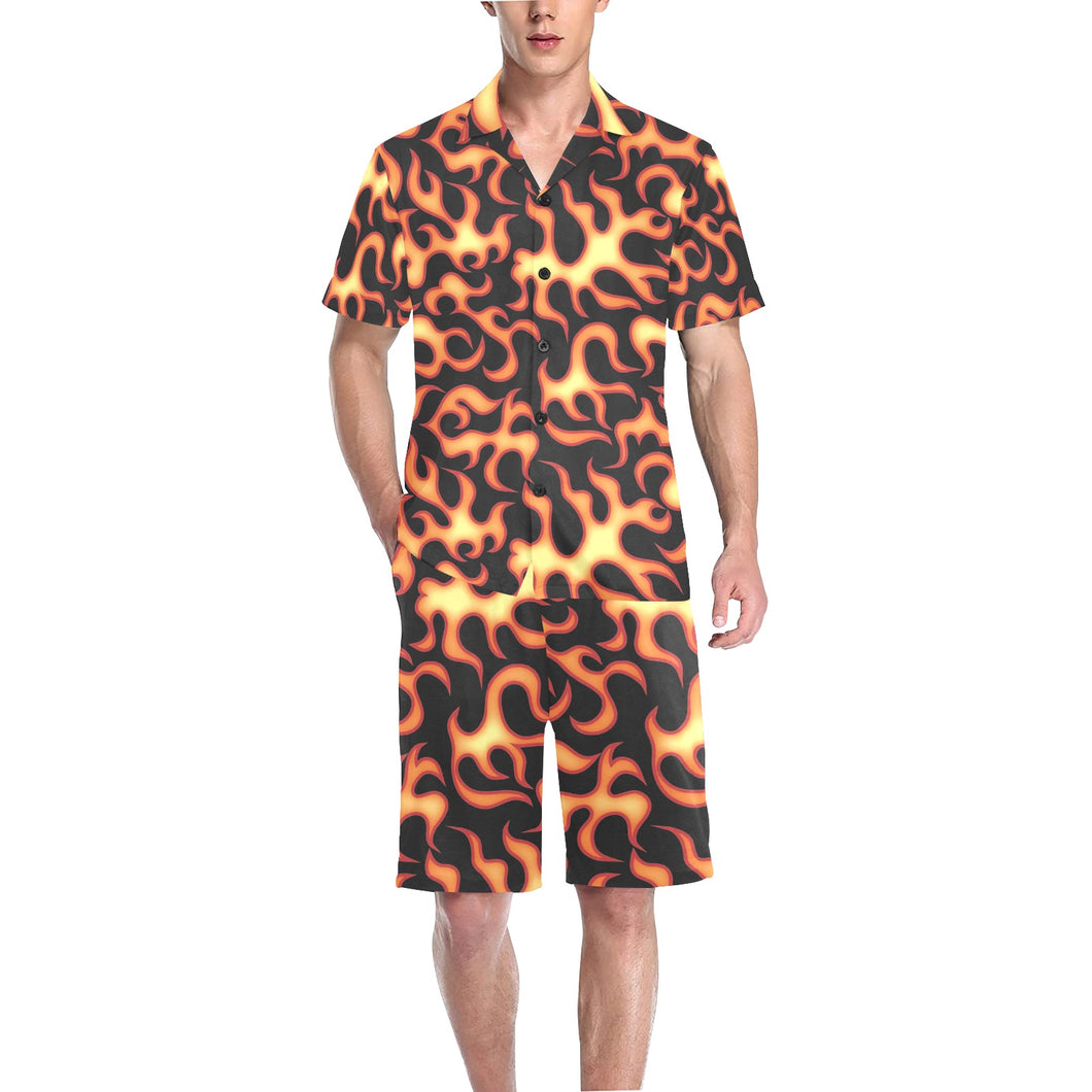 Fire flame dark pattern Men's V-Neck Short Pajama Set