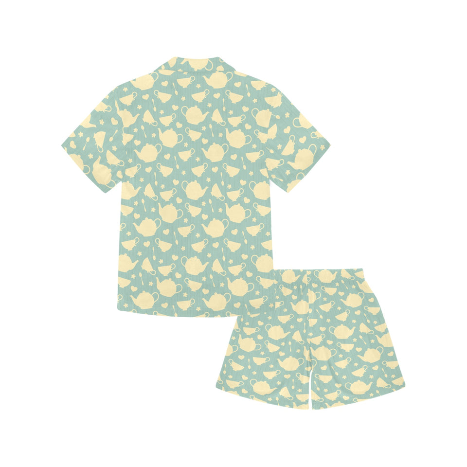 Tea pots Pattern Print Design 02 Kids' Boys' Girls' V-Neck Short Pajama Set