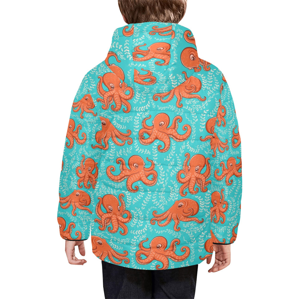 Octopus turquoise background Kids' Boys' Girls' Padded Hooded Jacket