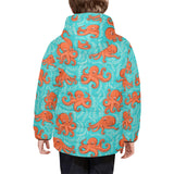 Octopus turquoise background Kids' Boys' Girls' Padded Hooded Jacket