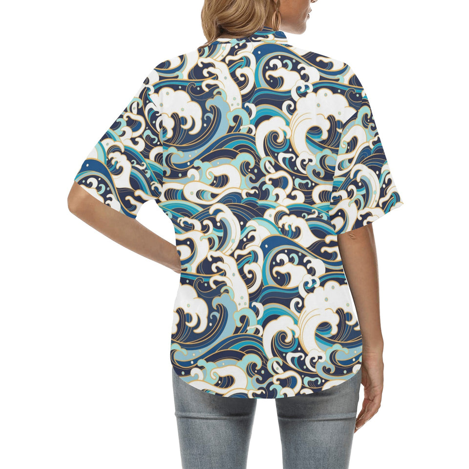 Japanese wave pattern Women's All Over Print Hawaiian Shirt