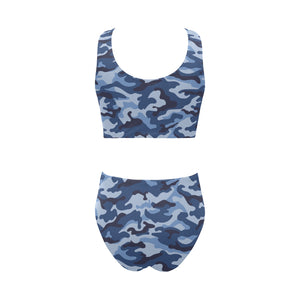 Blue camouflage pattern Chest Bowknot High Waisted Bikini Swimsuit