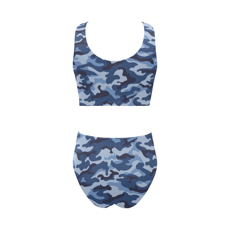 Blue camouflage pattern Chest Bowknot High Waisted Bikini Swimsuit