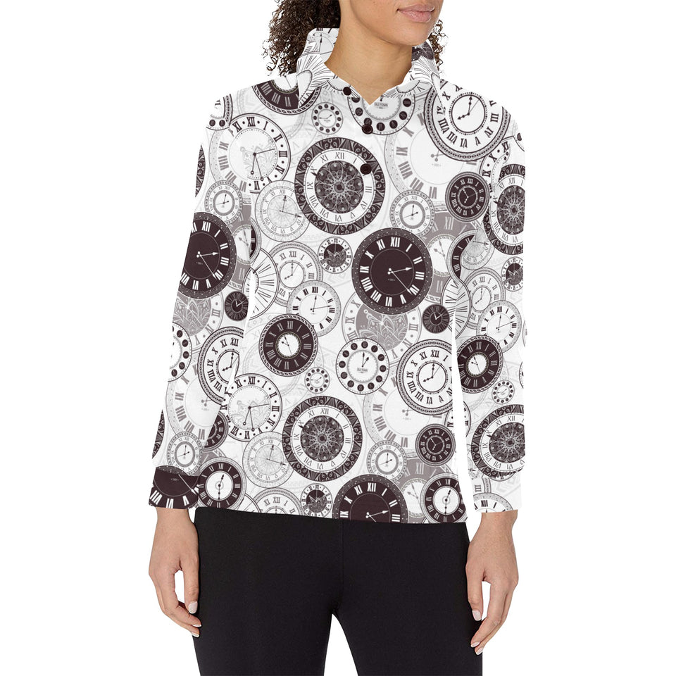 Classic vintage clock pattern Women's Long Sleeve Polo Shirt