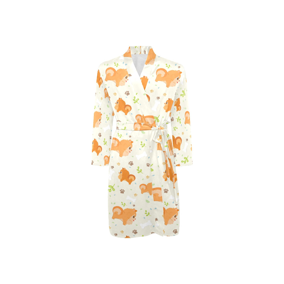 Cute brown pomeranian paw leave bone pattern Men's Long Sleeve Belted Night Robe