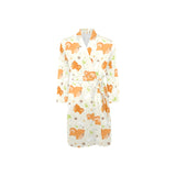 Cute brown pomeranian paw leave bone pattern Men's Long Sleeve Belted Night Robe