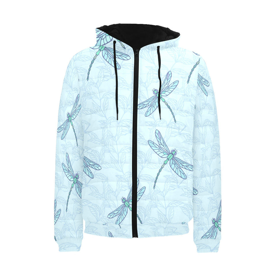 Dragonfly pattern blue background Men's Padded Hooded Jacket