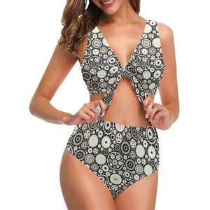 Gear Pattern Print Design 02 Chest Bowknot High Waisted Bikini Swimsuit