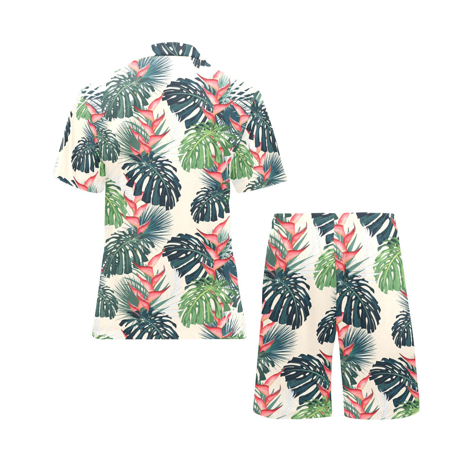 heliconia flowers, palm and monstera leaves Men's V-Neck Short Pajama Set