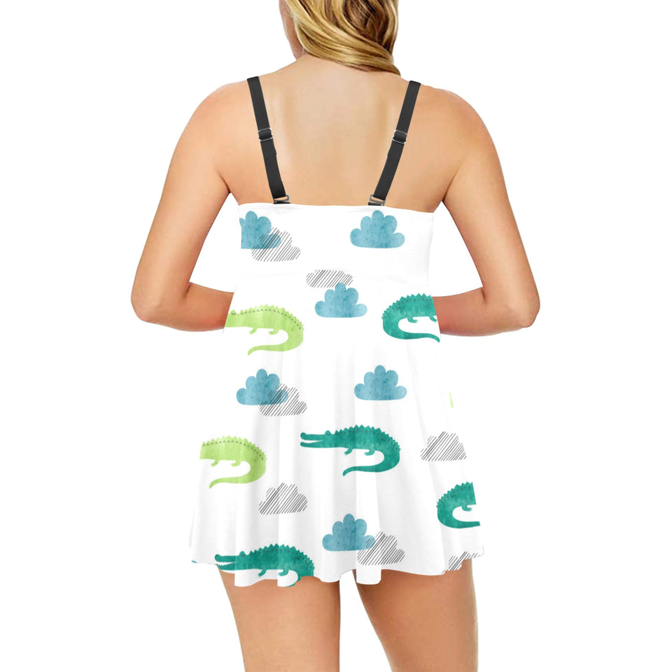 watercolor crocodile pattern Chest Sexy Pleated Two Piece Swim Dress