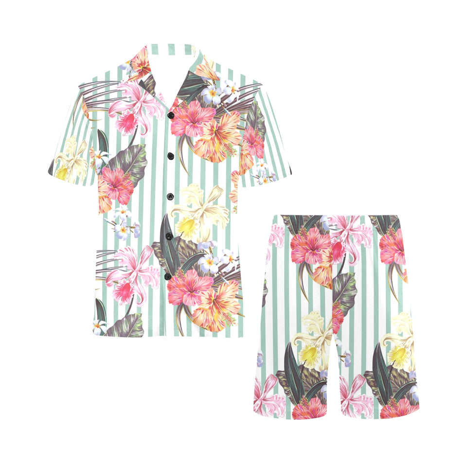 Colorful orchid flower pattern Men's V-Neck Short Pajama Set