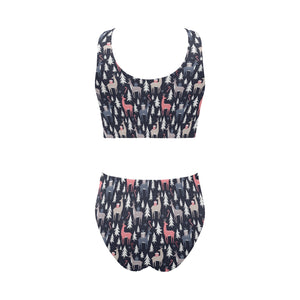 Deers Winter Christmas pattern Chest Bowknot High Waisted Bikini Swimsuit