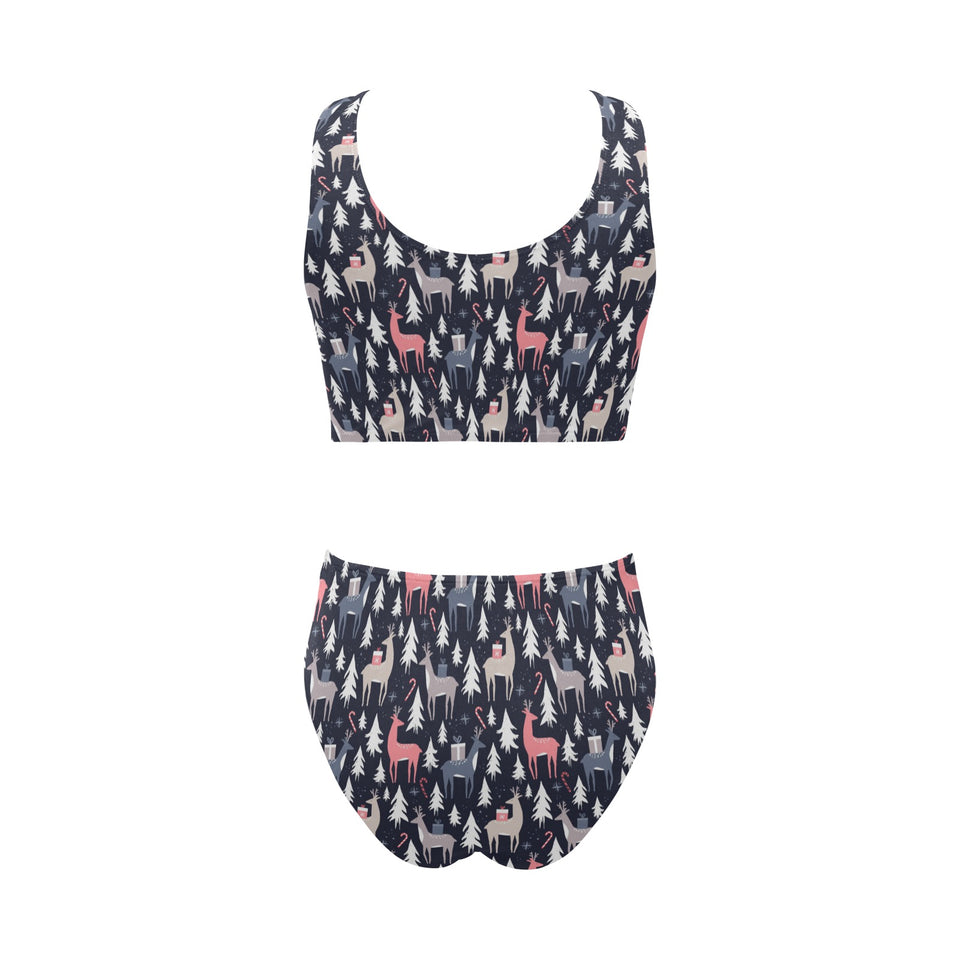 Deers Winter Christmas pattern Chest Bowknot High Waisted Bikini Swimsuit