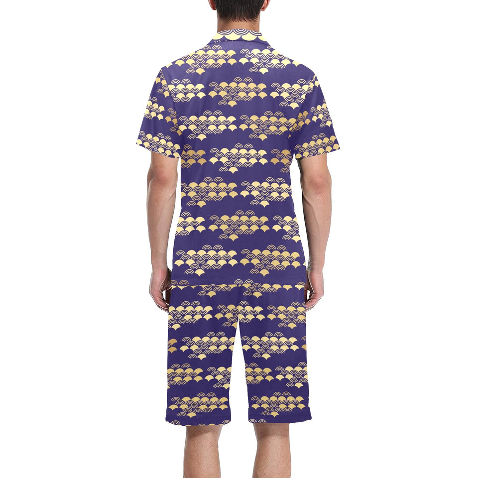 Beautiful japanese fan pattern Men's V-Neck Short Pajama Set