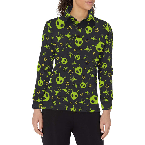 Alien Pattern Print Design 02 Women's Long Sleeve Polo Shirt