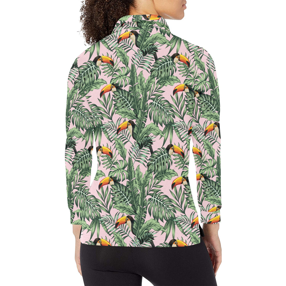 Toucan tropical green jungle palm pattern Women's Long Sleeve Polo Shirt