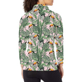 Toucan tropical green jungle palm pattern Women's Long Sleeve Polo Shirt