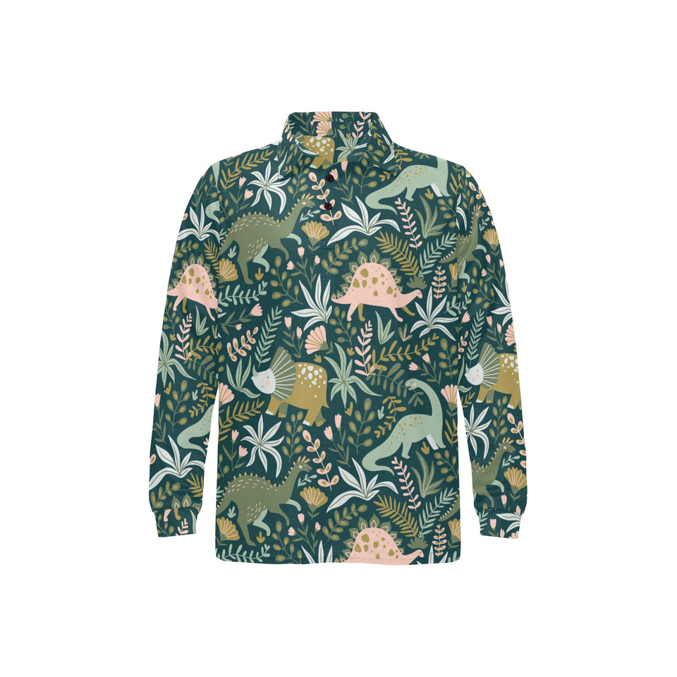 dinosaurs tropical leaves flower pattern Men's Long Sleeve Polo Shirt