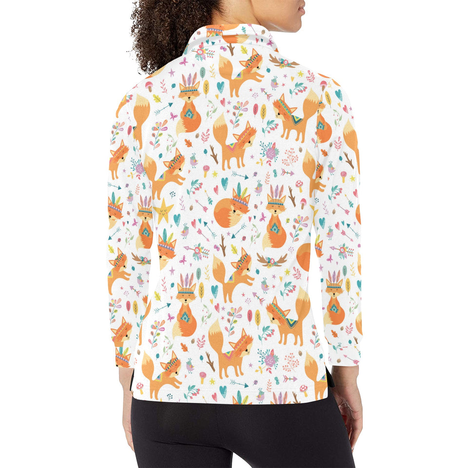 cute tribal fox pattern Women's Long Sleeve Polo Shirt