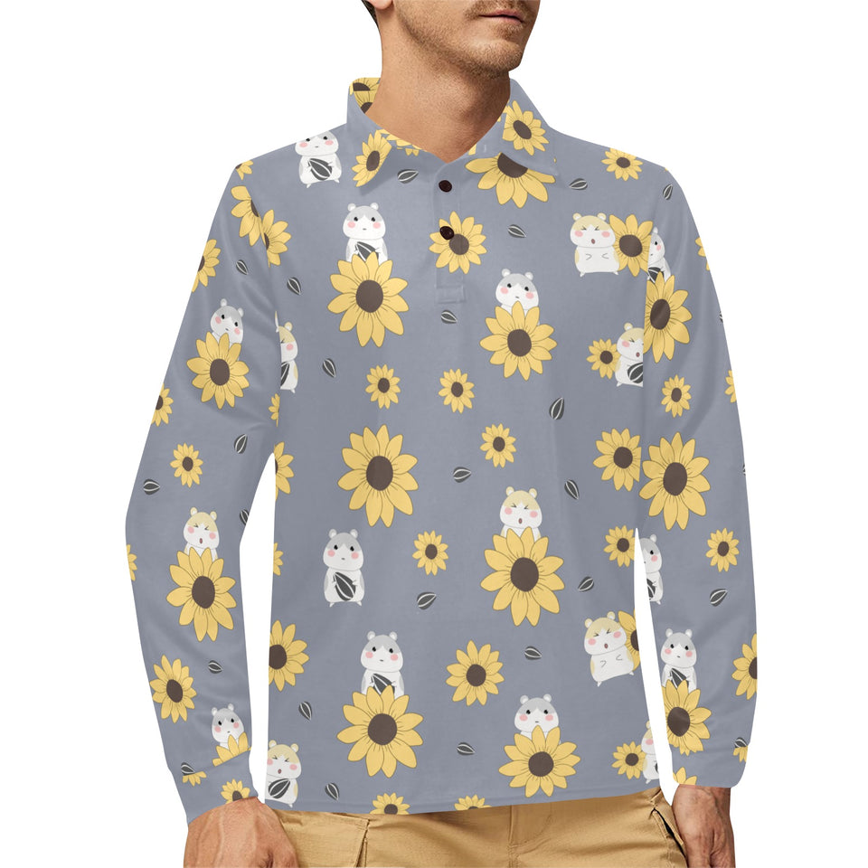 Cute hamster sunflower pattern background Men's Long Sleeve Polo Shirt